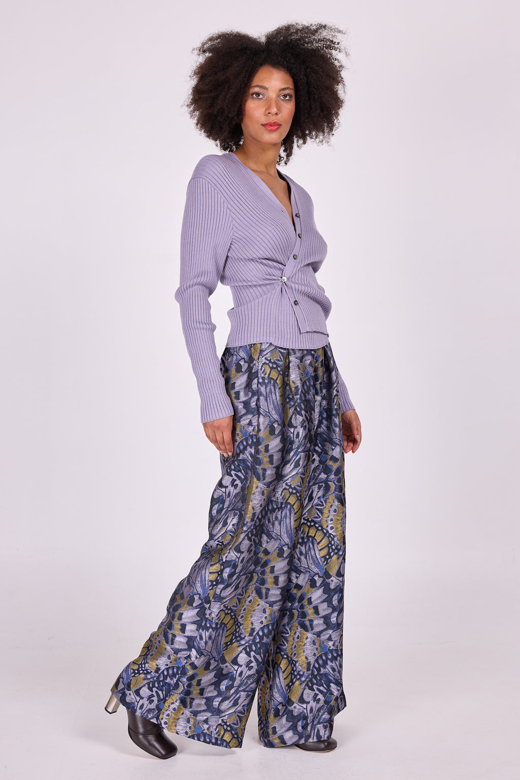 Pantalon Clinton en jacquard lilas à motifs de papillons