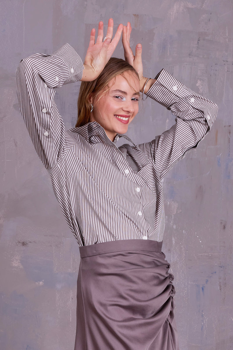 Ginny hemd in brown ecru vintage cotton stripes