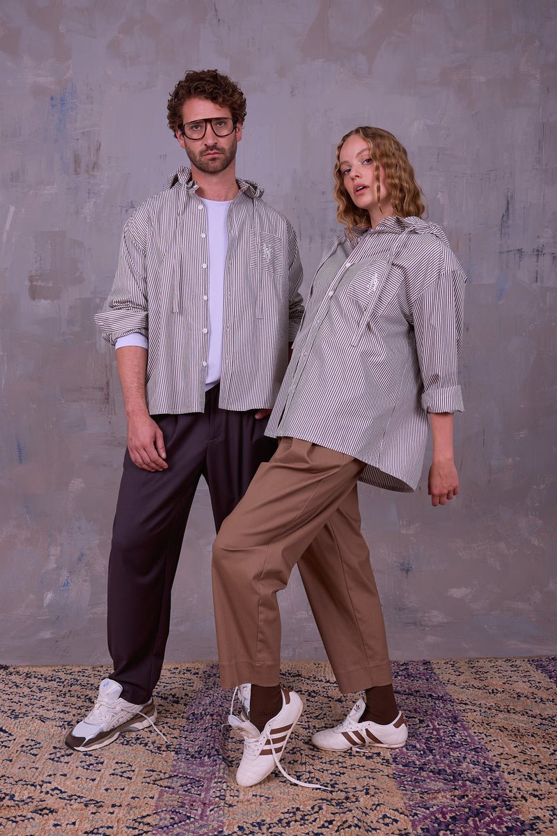 Gonzola shirt in brown ecru vintage cotton stripes