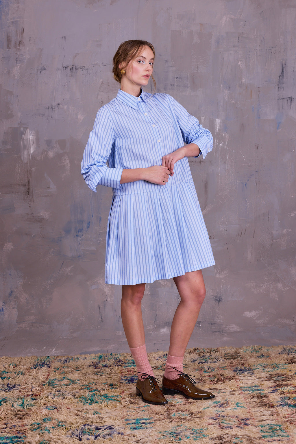 Gabe dress in blue vintage cotton stripes