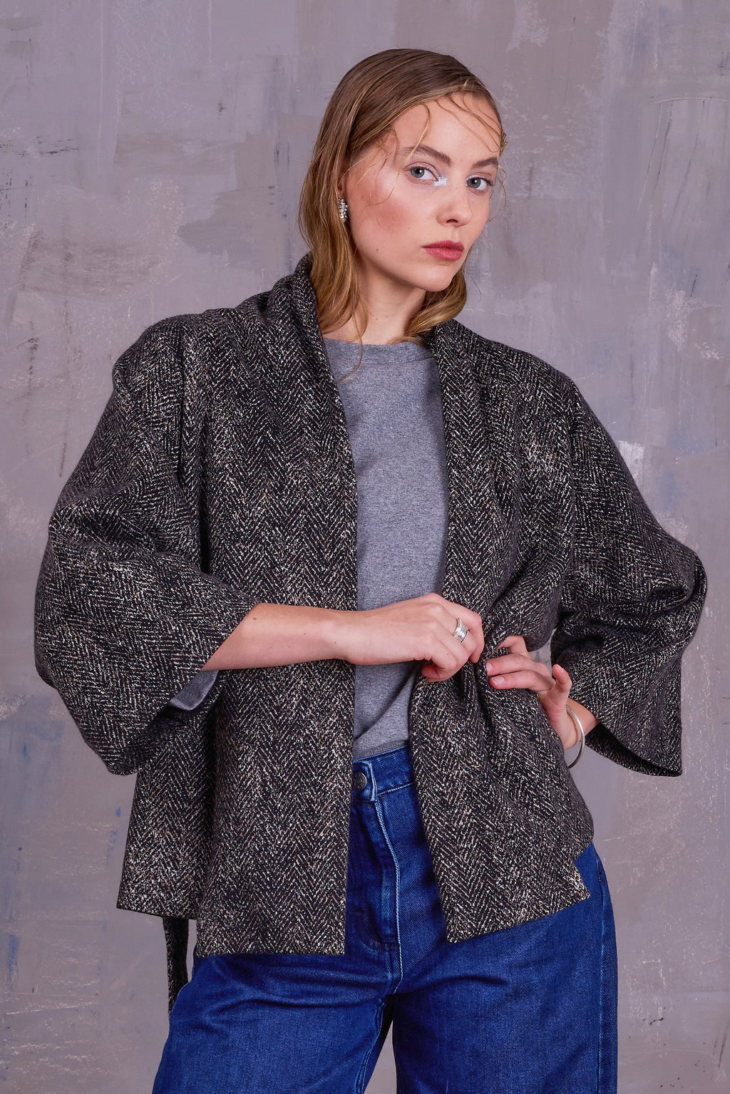Ediz kimono jacket in dark herringbone