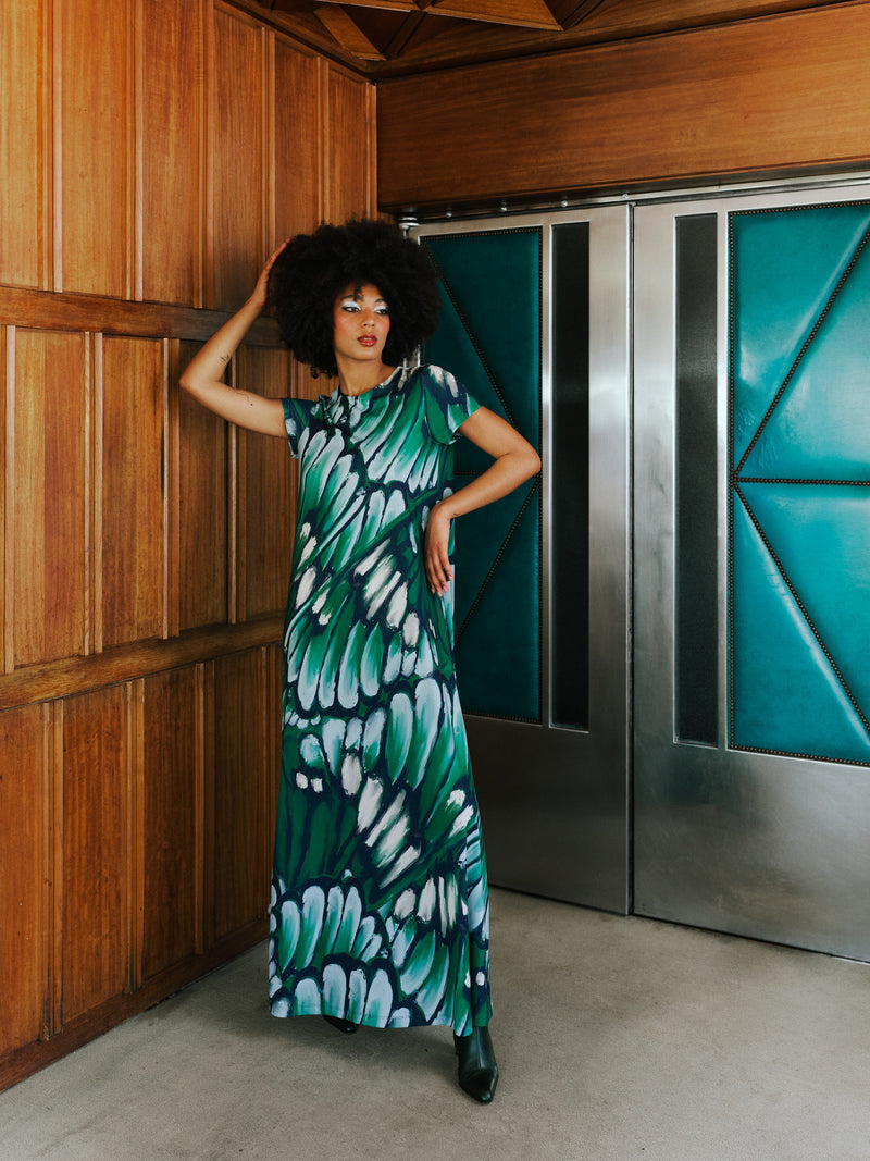 Langes Kleid Ciska mit käfergrünen Flügeln