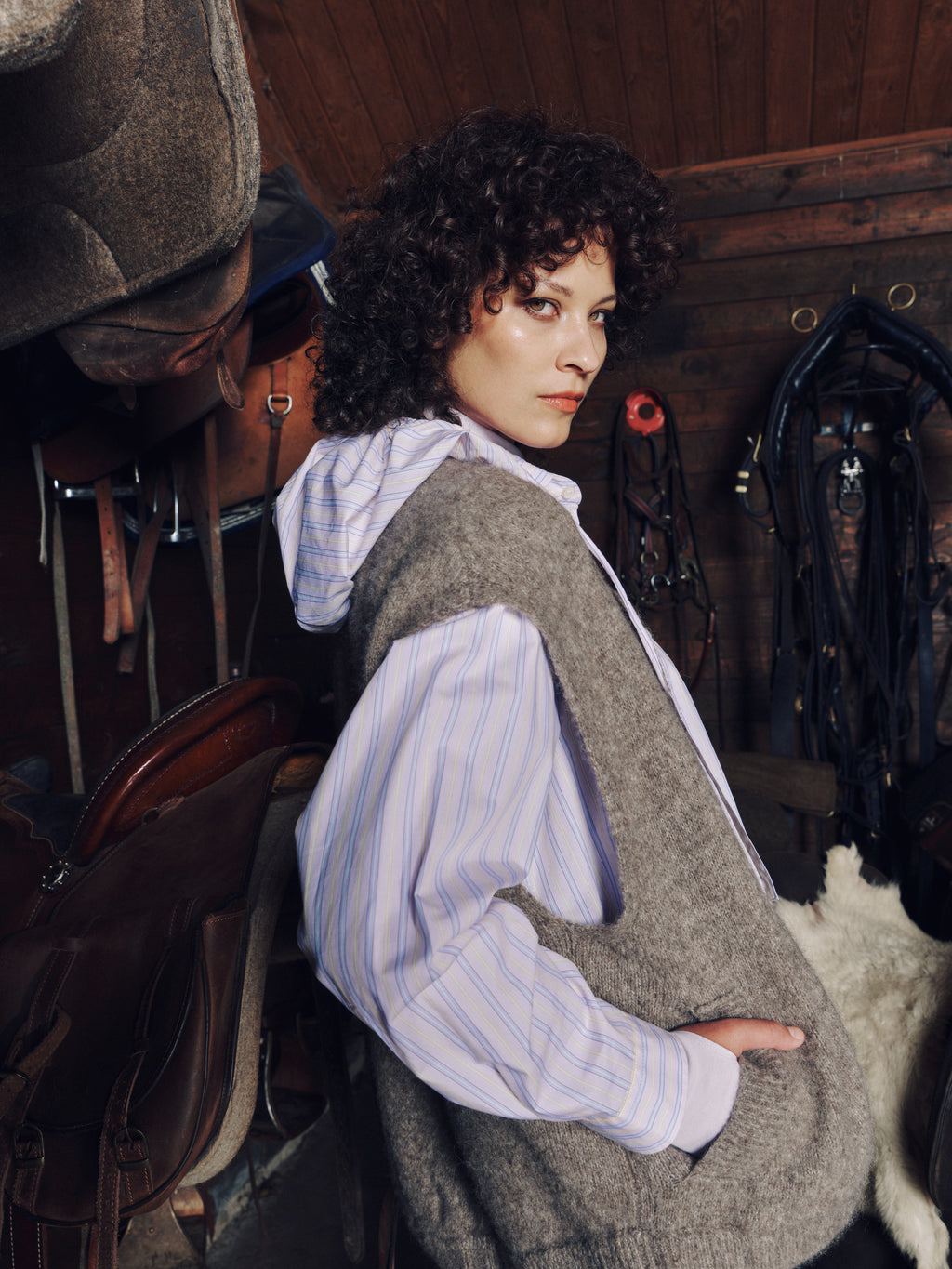 Gonzola shirt in lilac blue vintage cotton stripes