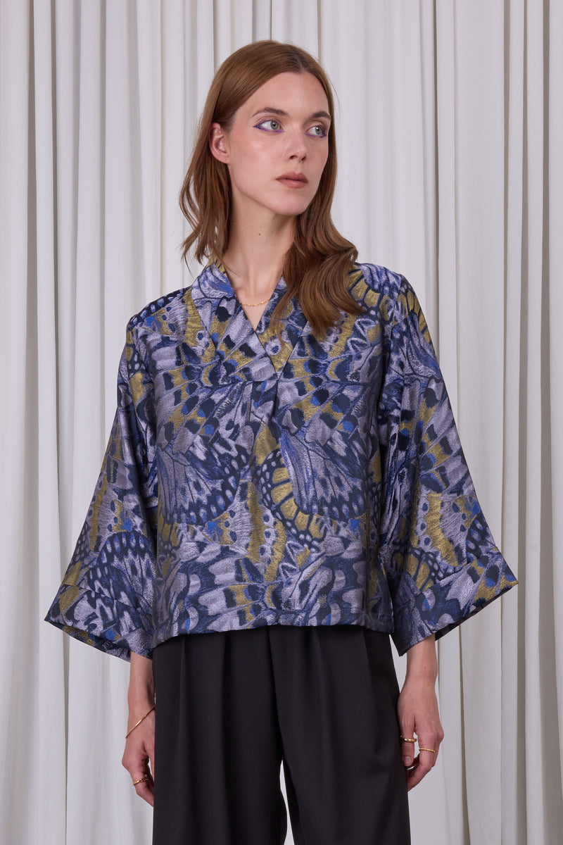 Clotilde-Bluse aus fliederfarbenem Schmetterlings-Jacquard