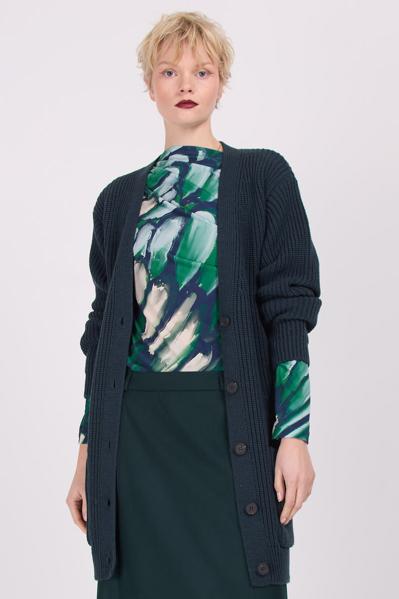 Willemstad – Lange Wollstrickjacke in Kieferngrün