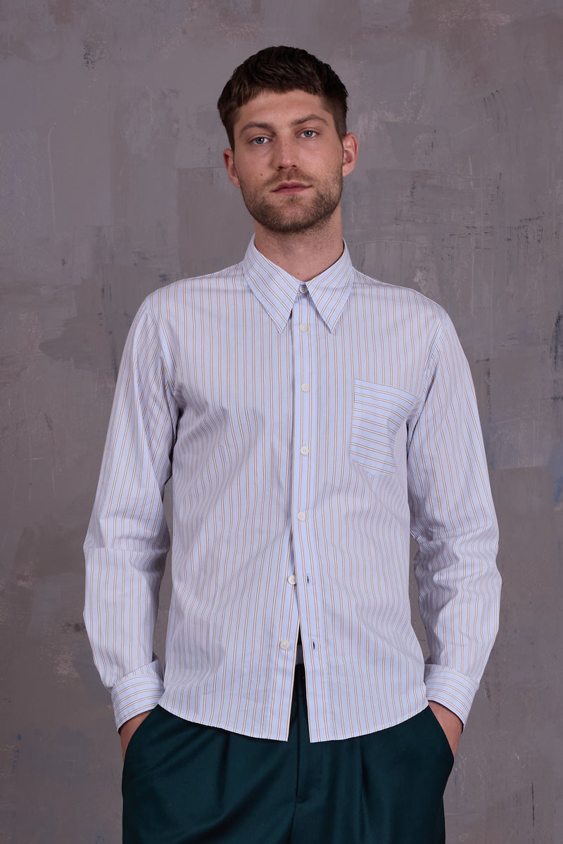Godfried shirt in blue brown vintage cotton stripes