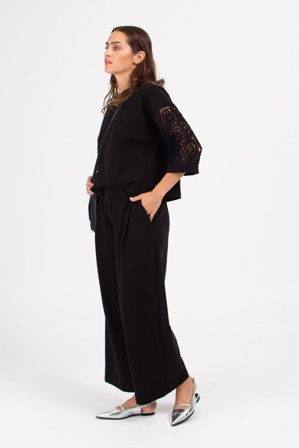 Diana black sweater with crochet sleeves
