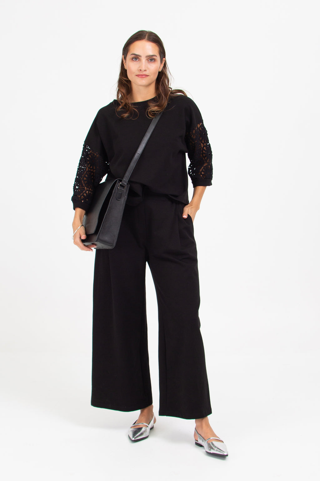 Diana black sweater with crochet sleeves