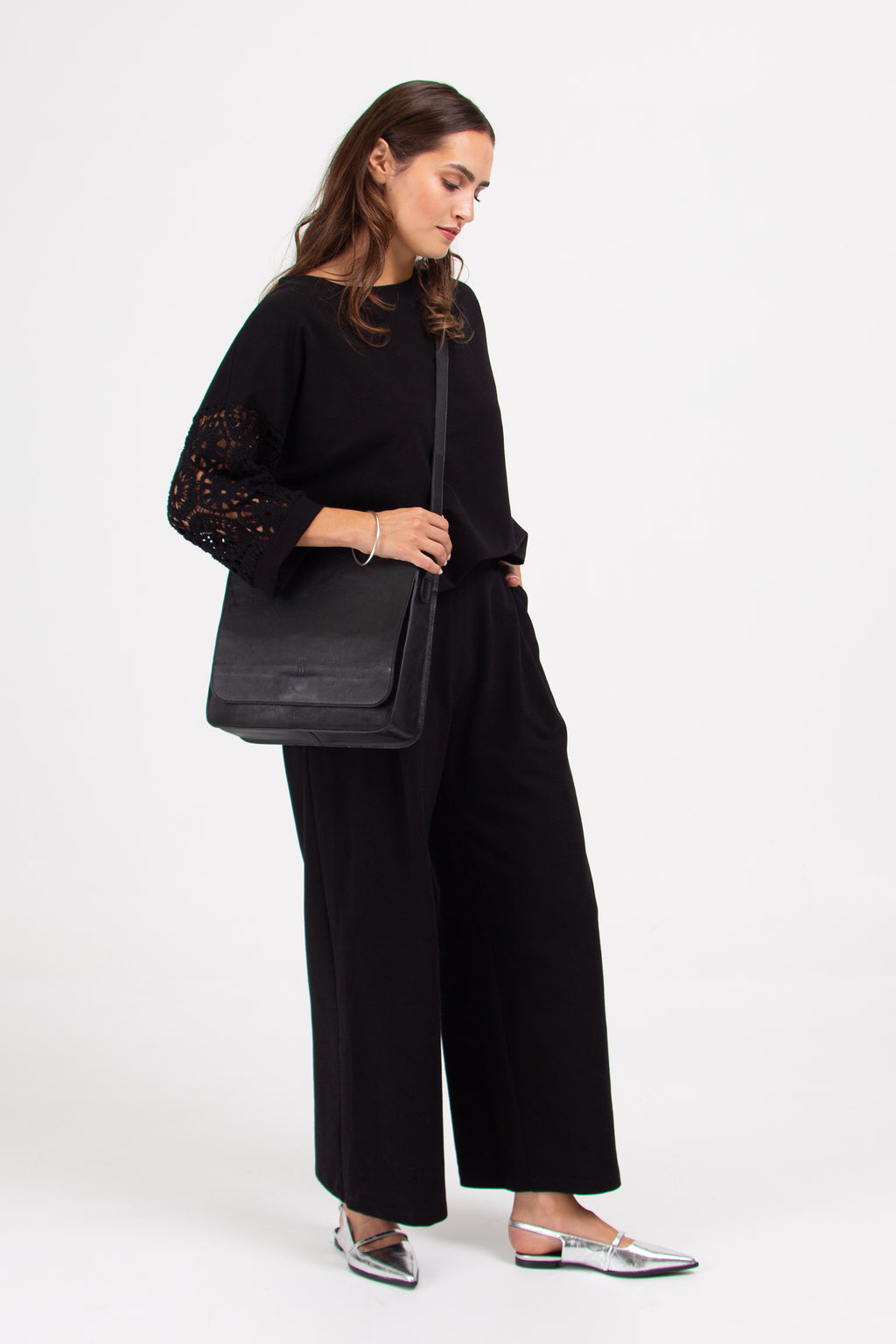 Diana black sweater with crochet sleeves