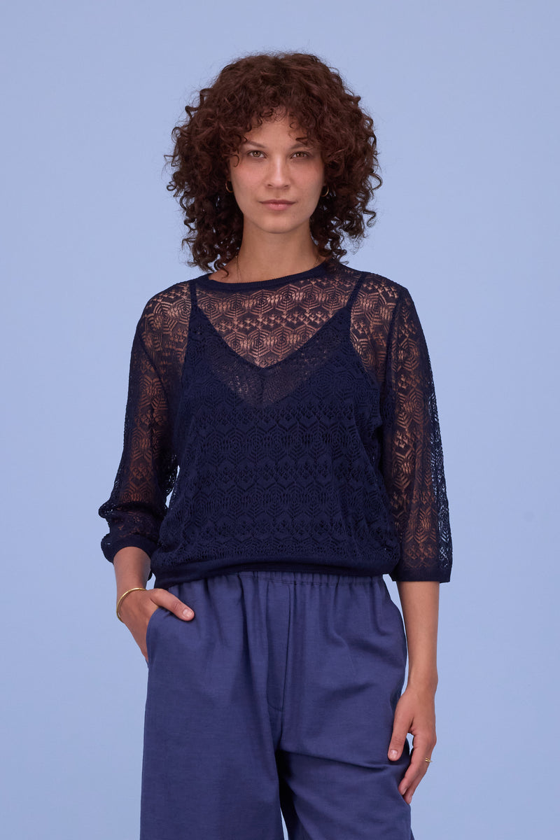 Hekinan kanten trui in dark navy