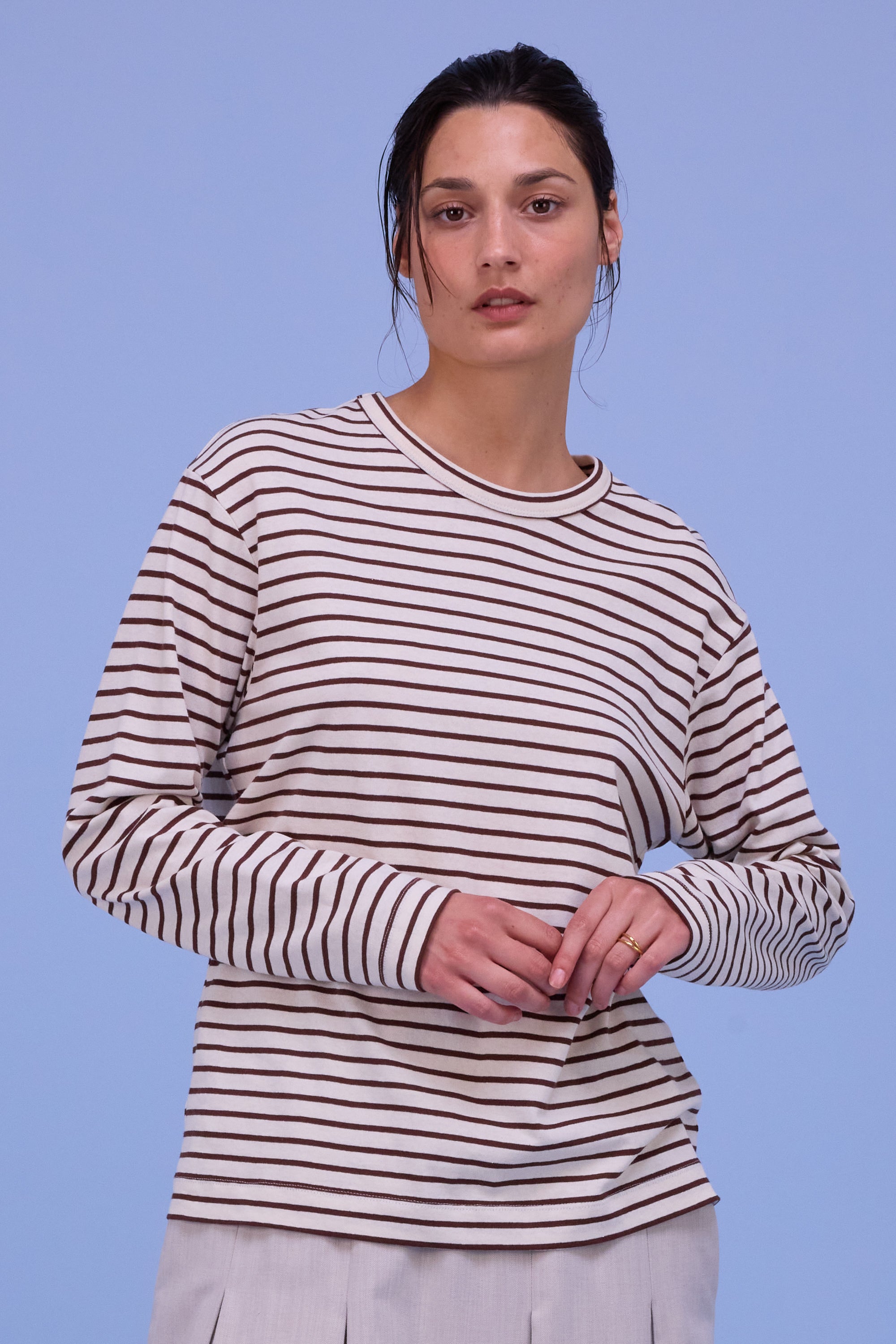 Geoff T-shirt in brown breton stripes 