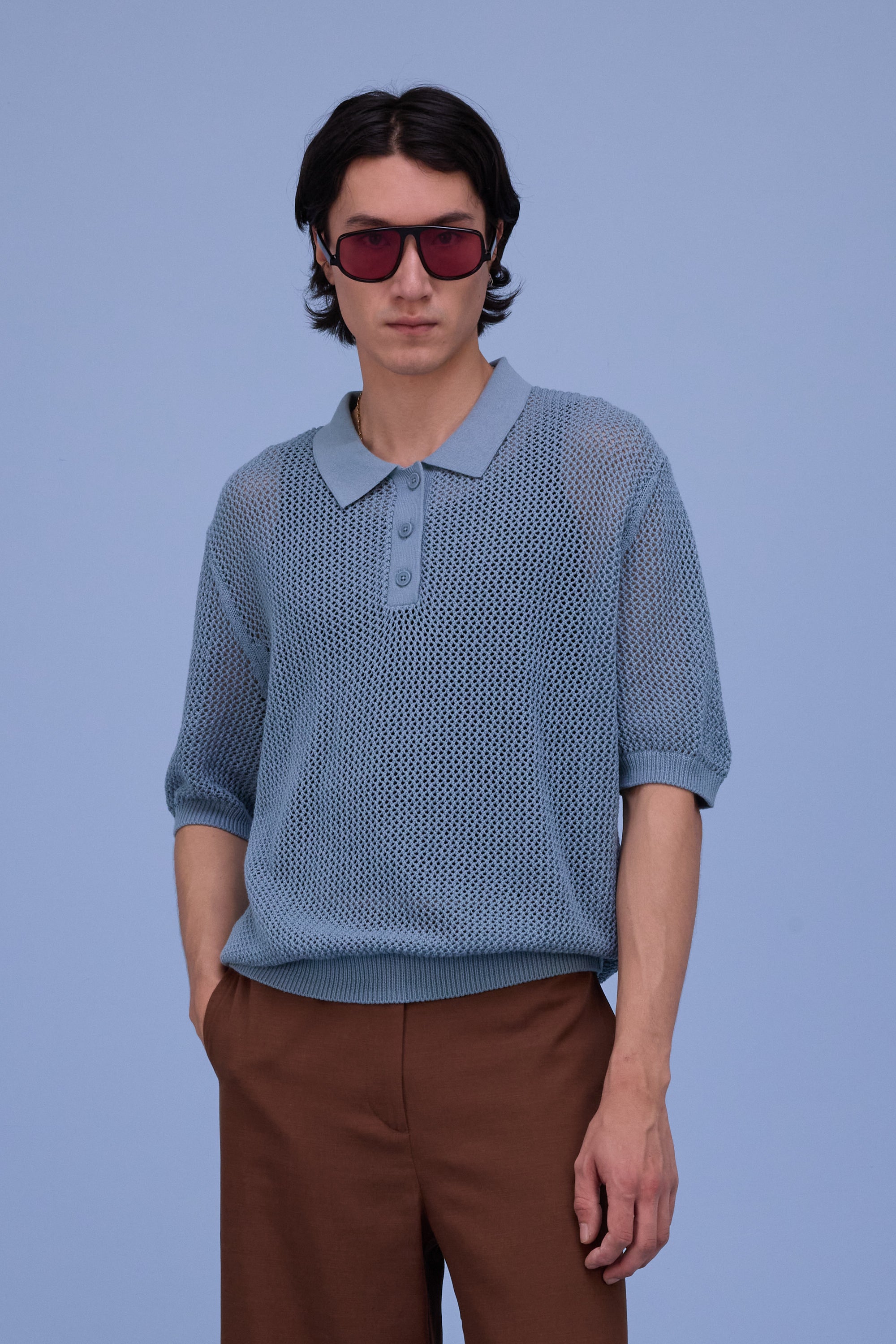 Hokkaido knitted polo in dusk blue
