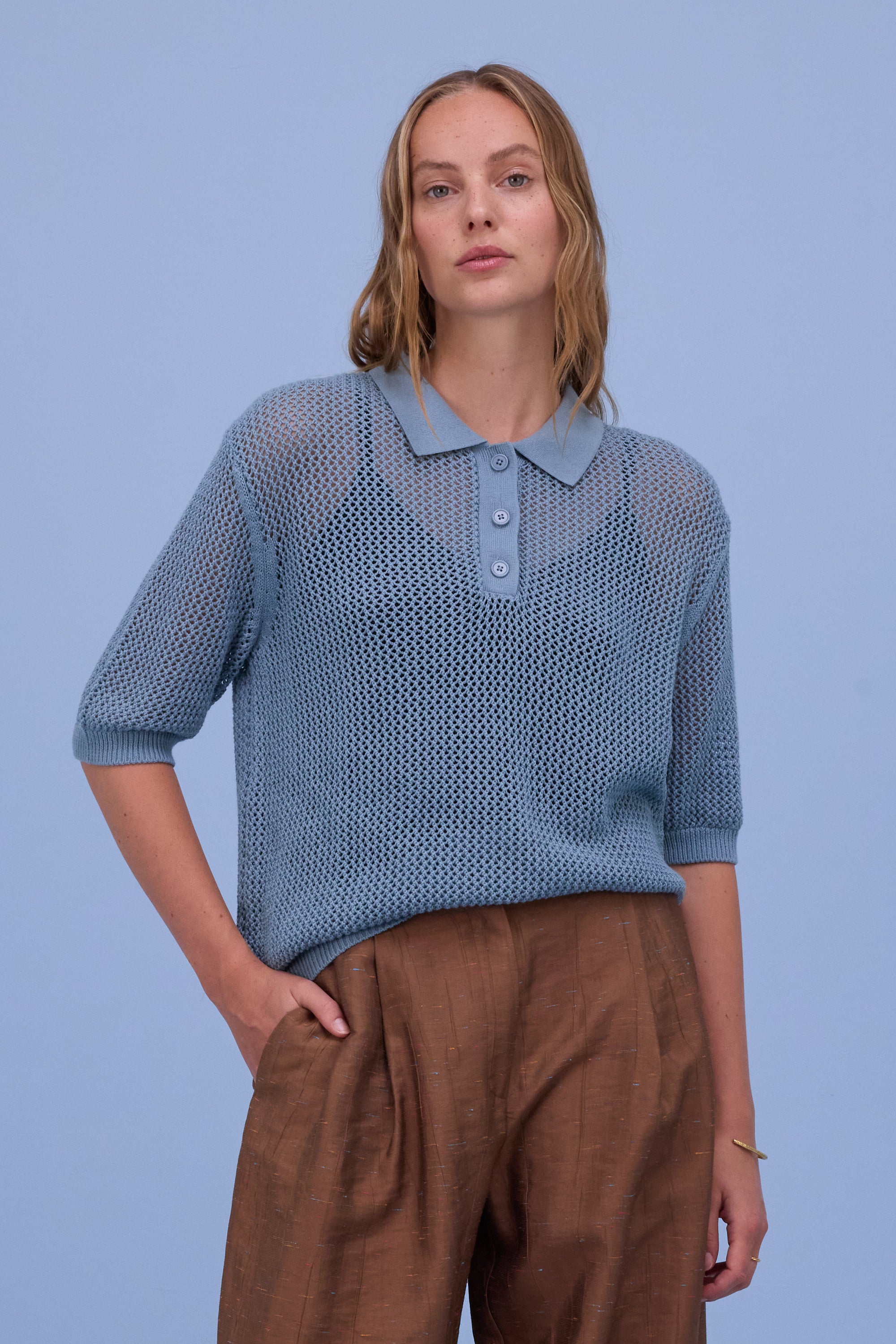 Hokkaido knitted polo in dusk blue