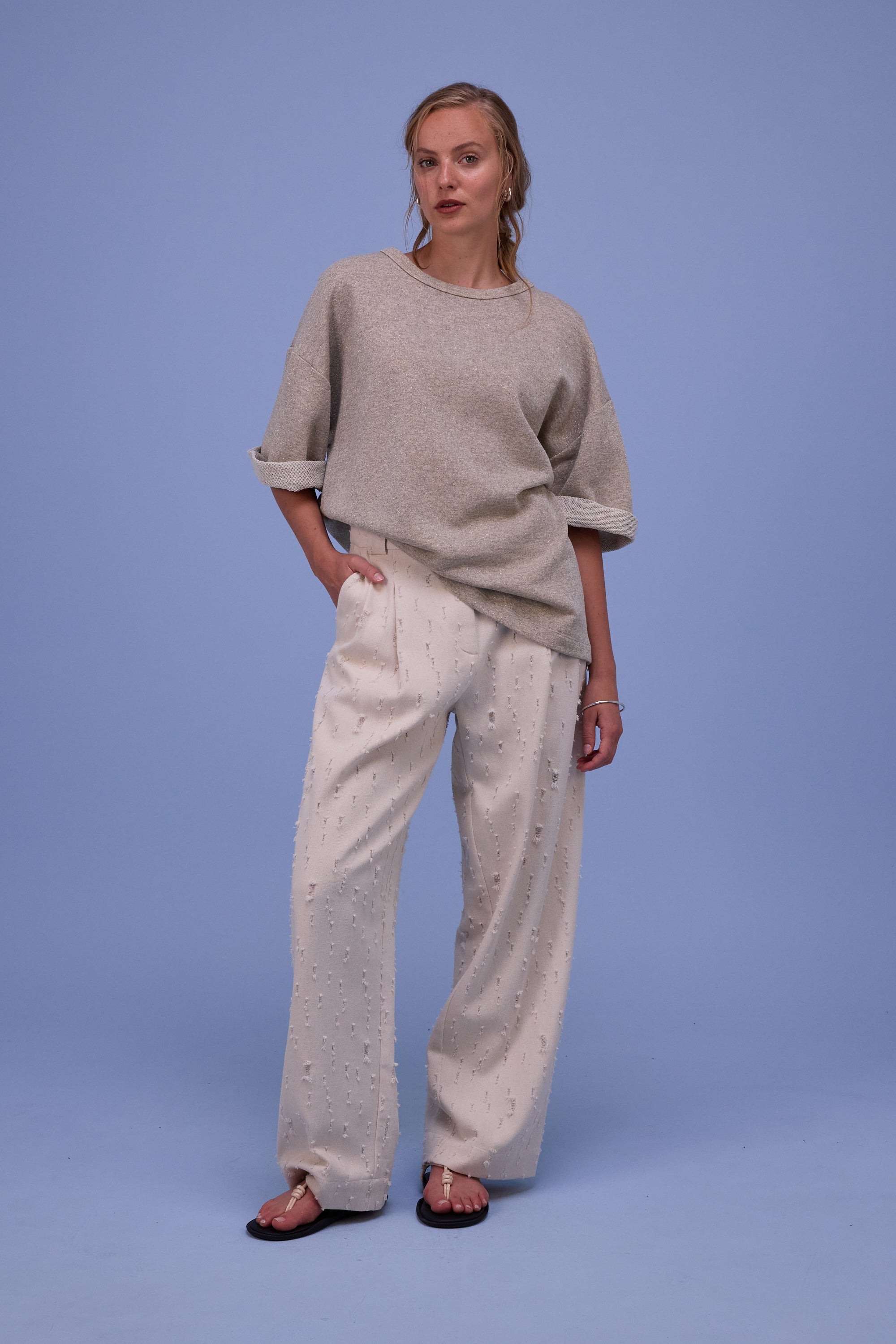 Harpo trousers in ecru ripped cotton