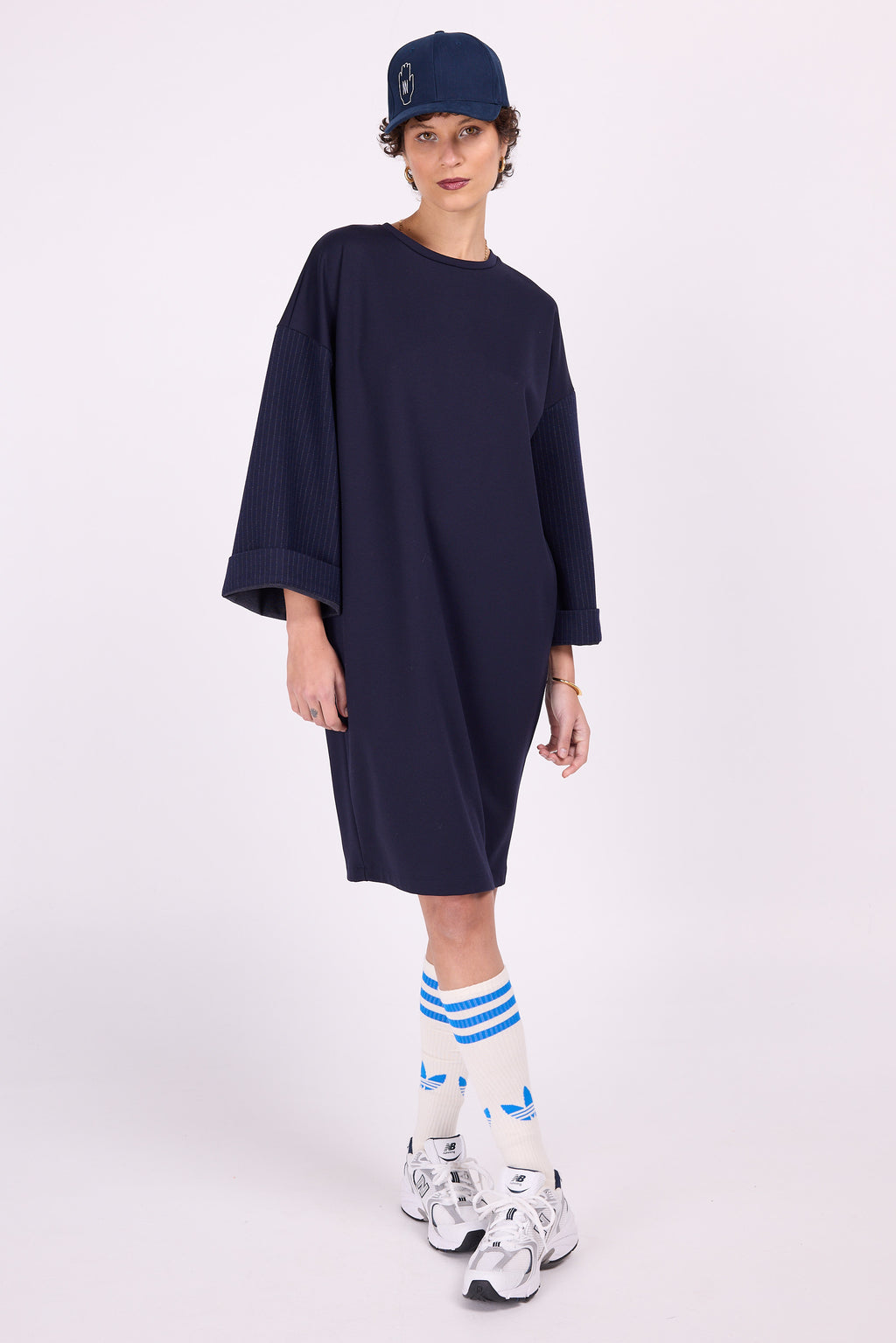 Elona navy jurk met krijtstreepmouw