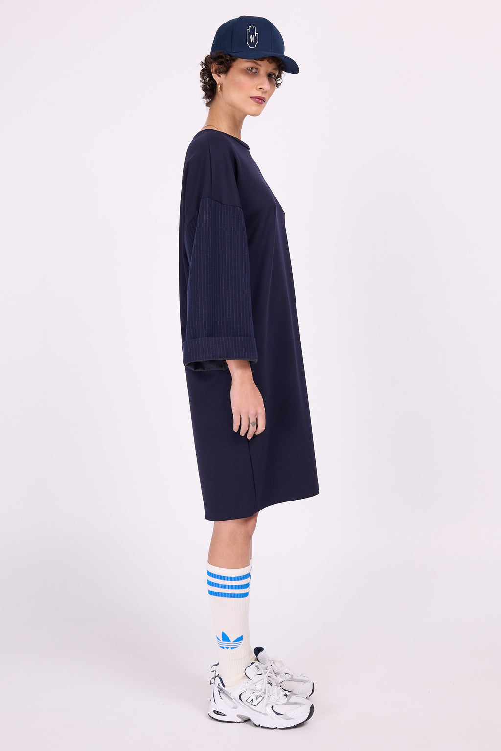 Elona navy jurk met krijtstreepmouw