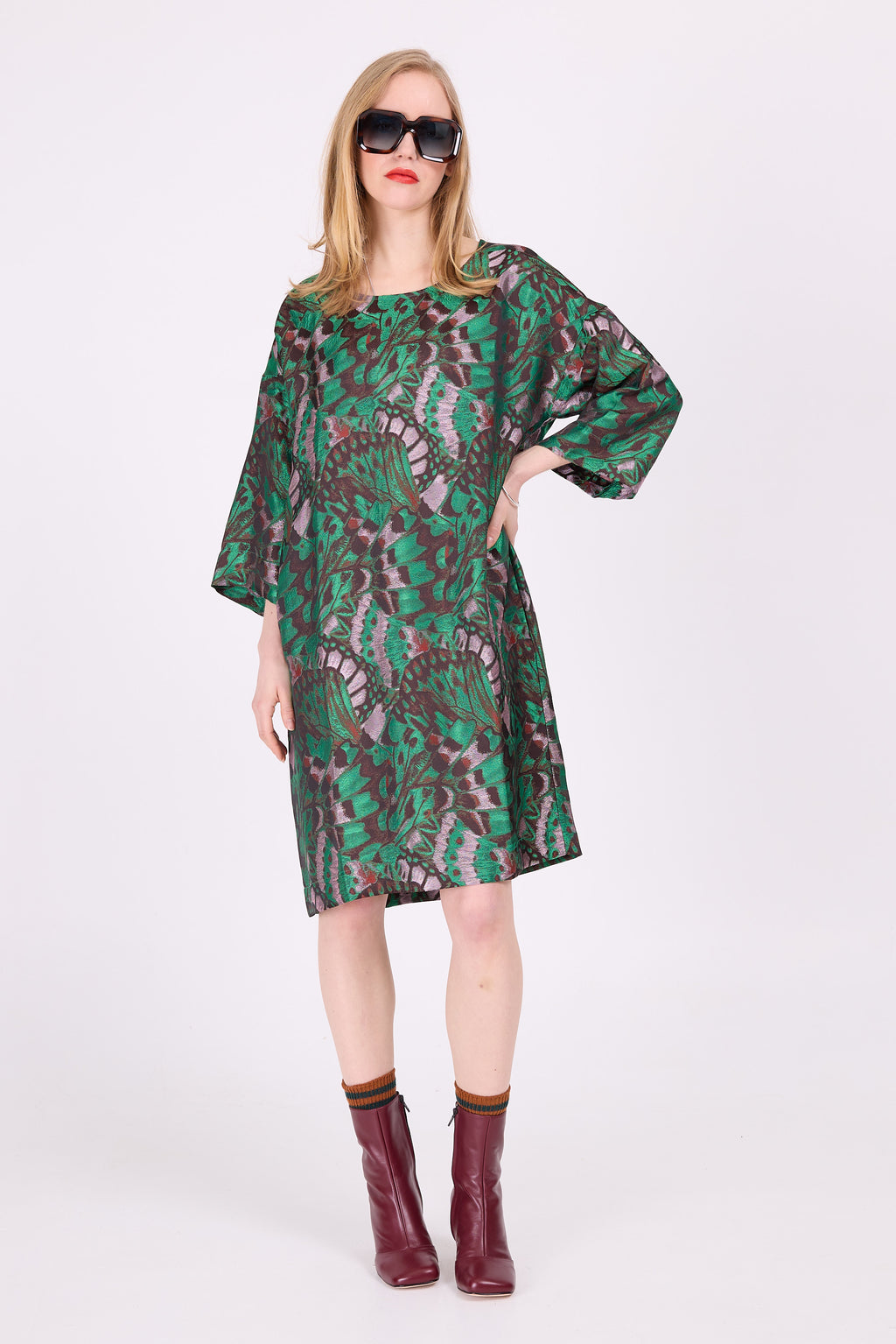 Eliana-Kleid aus grünem Schmetterlings-Jacquard