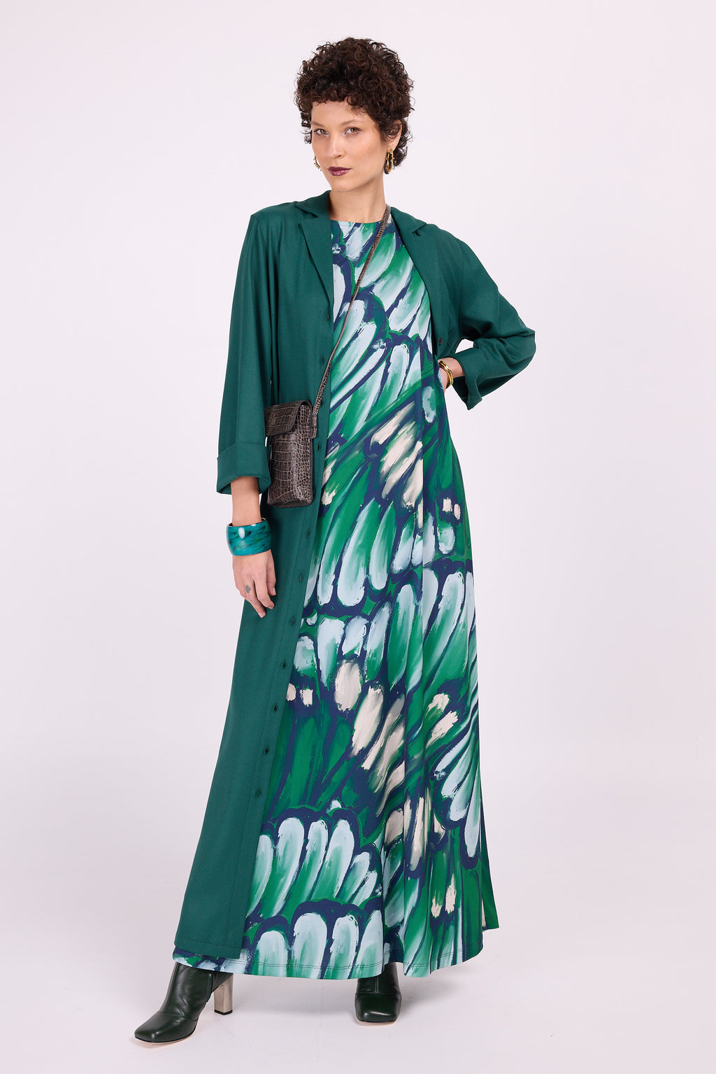 Langes Kleid Ciska mit käfergrünen Flügeln