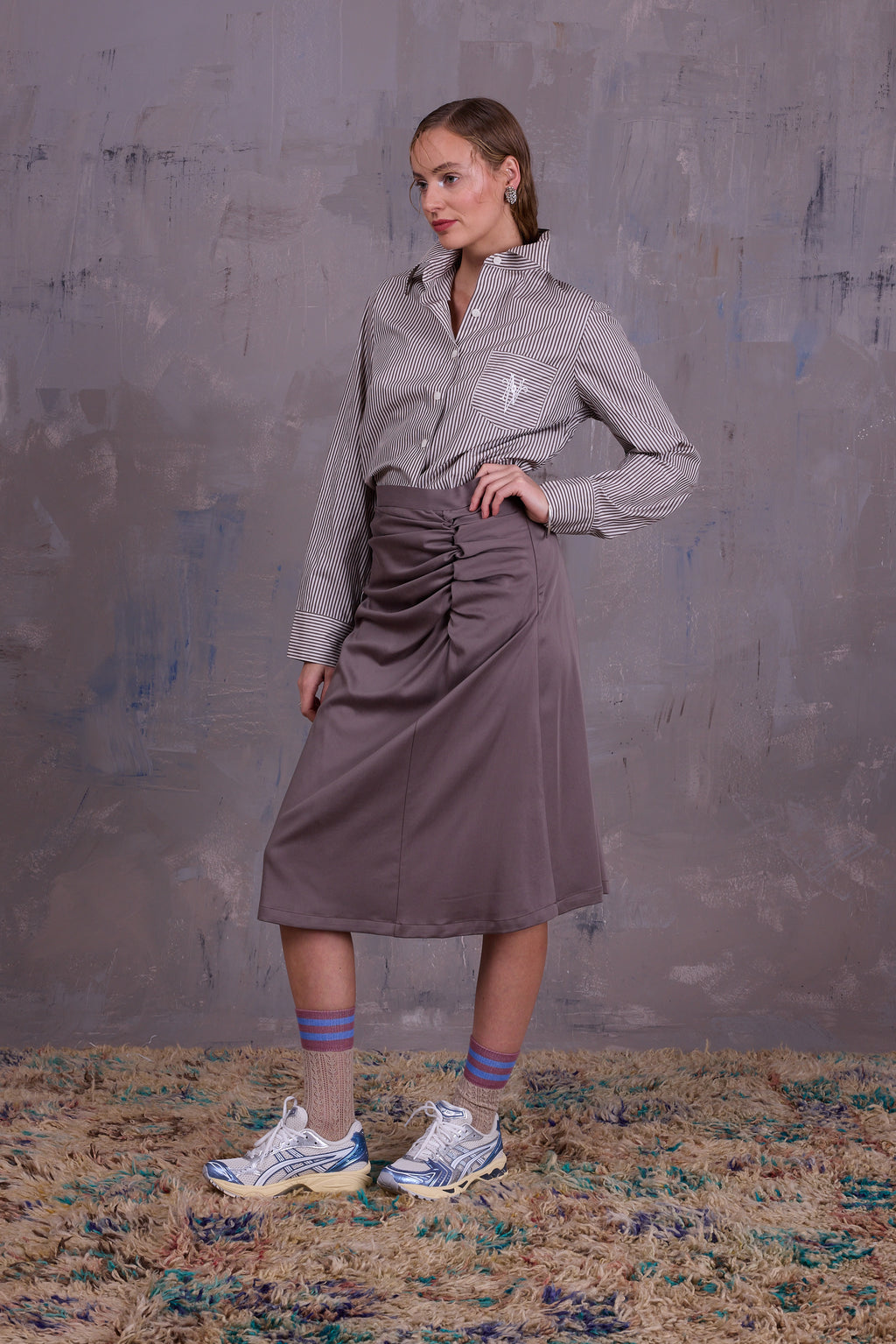 Ginny shirt in brown ecru vintage cotton stripes