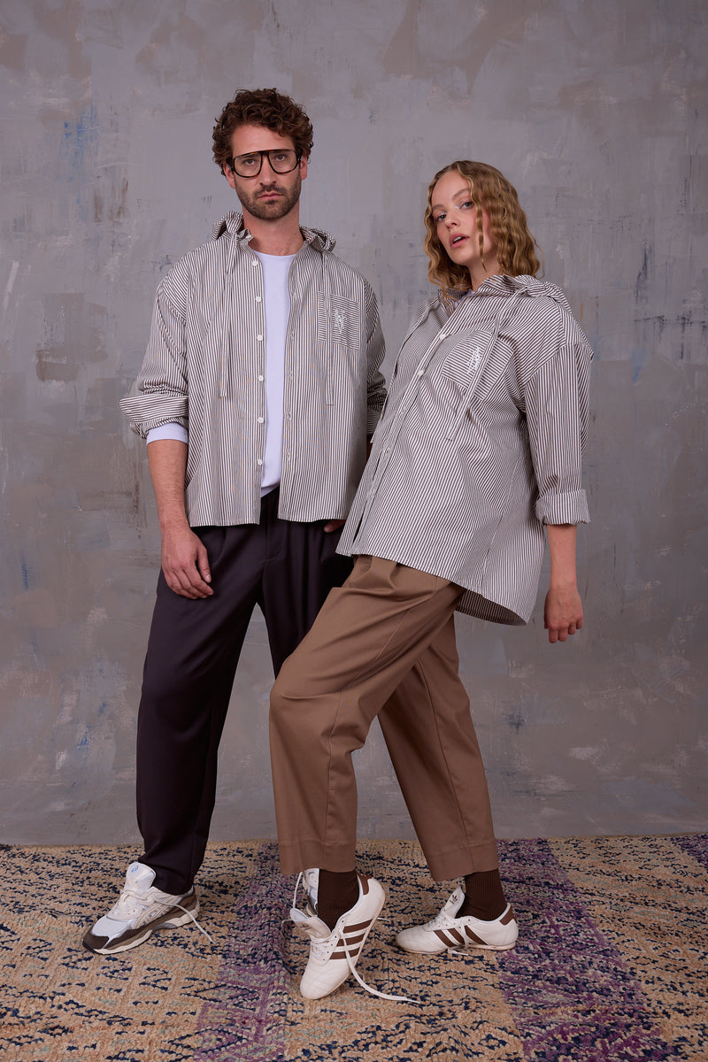 Gonzola shirt in brown ecru vintage cotton stripes