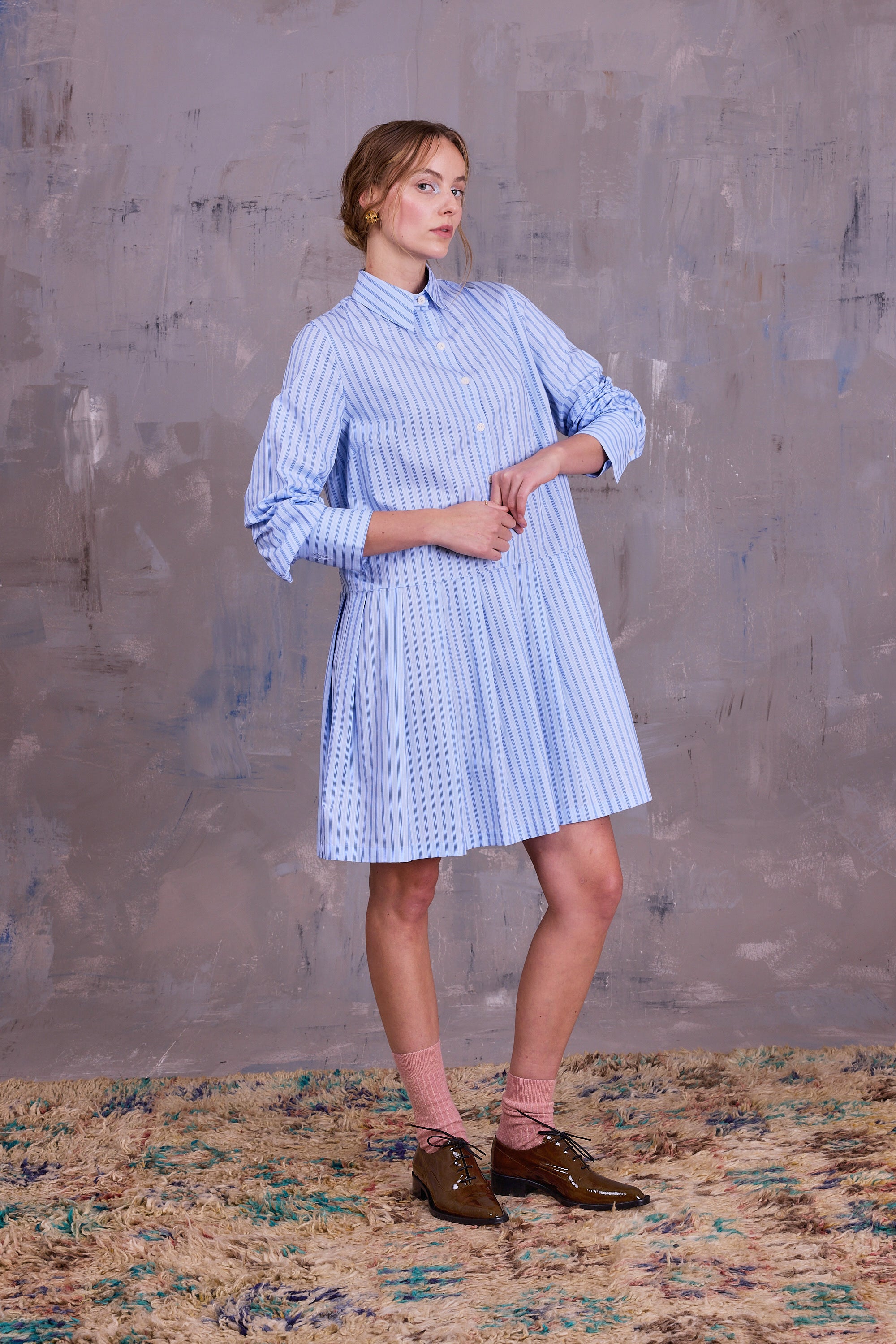 Gabe dress in blue vintage cotton stripes