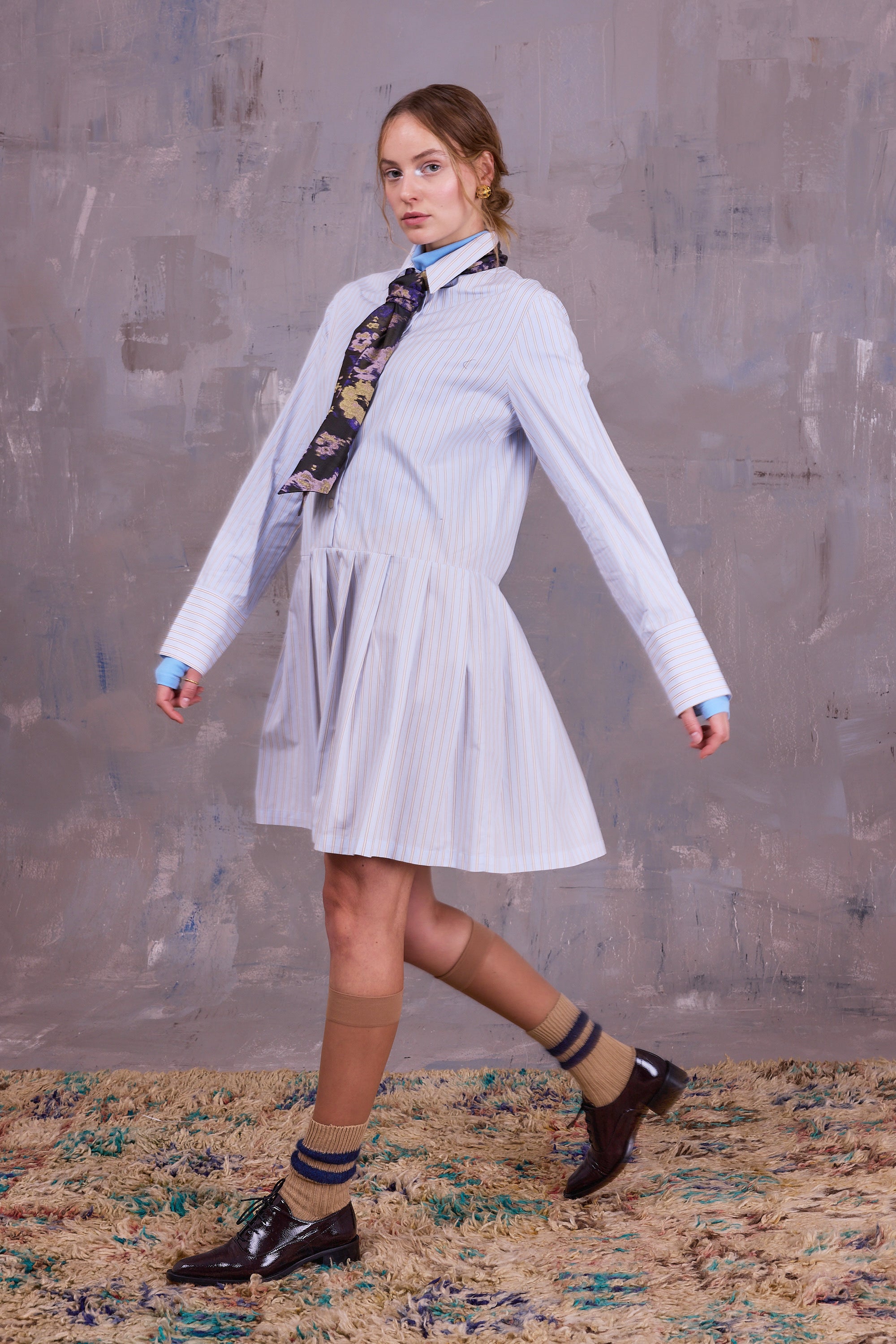 Gabe jurk in blue brown vintage cotton stripes