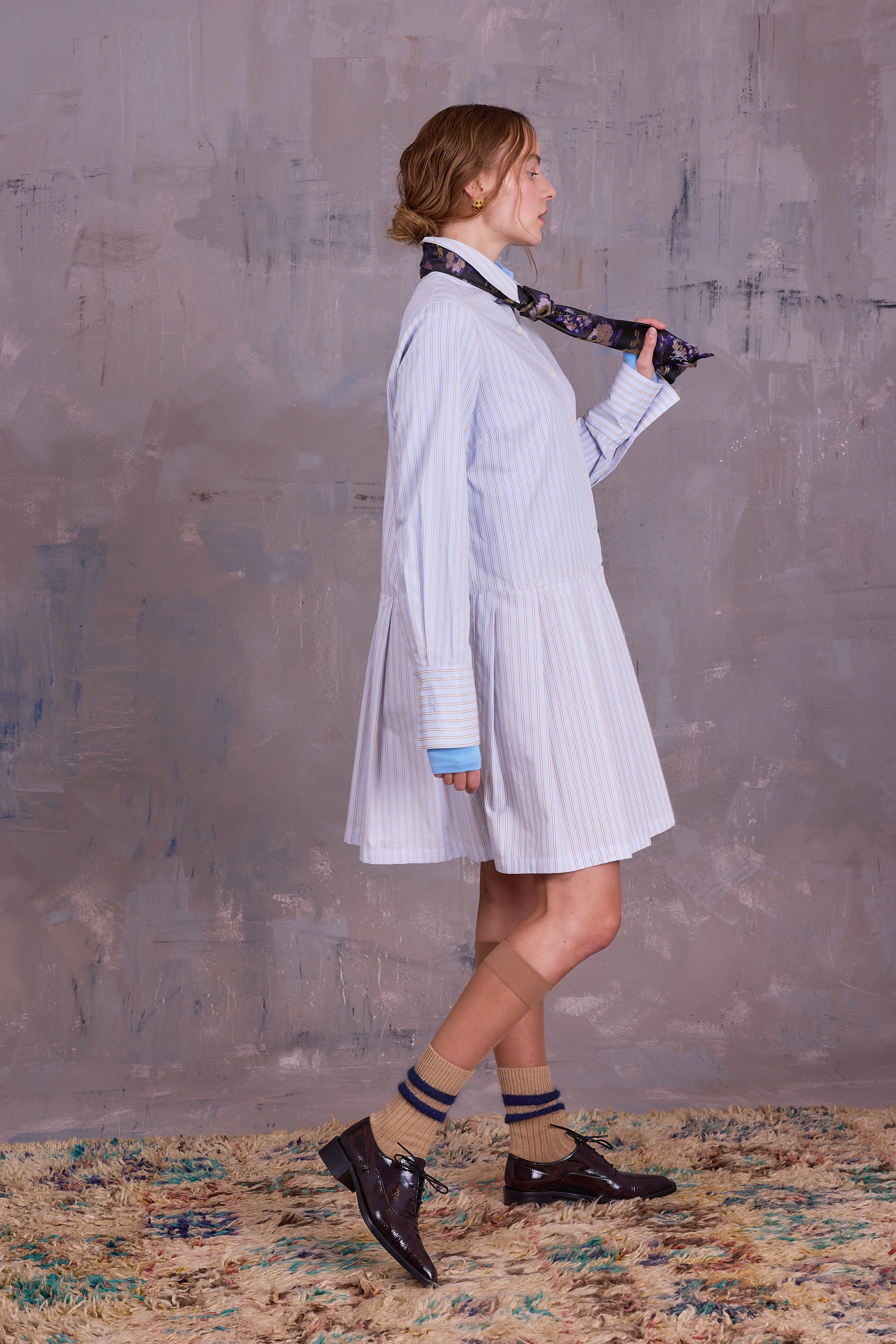 Gabe jurk in blue brown vintage cotton stripes
