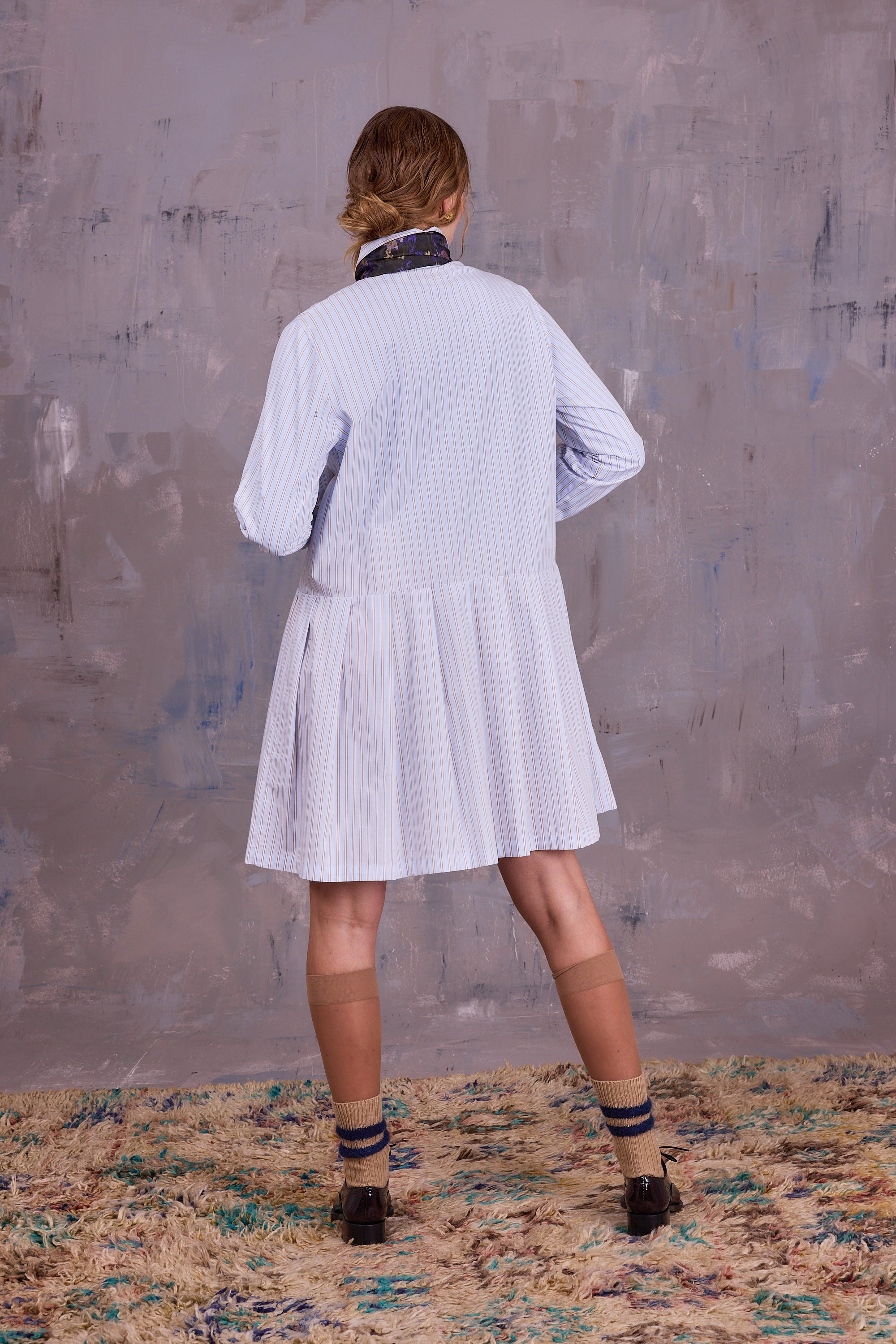 Gabe jurk in blue brown vintage cotton stripes