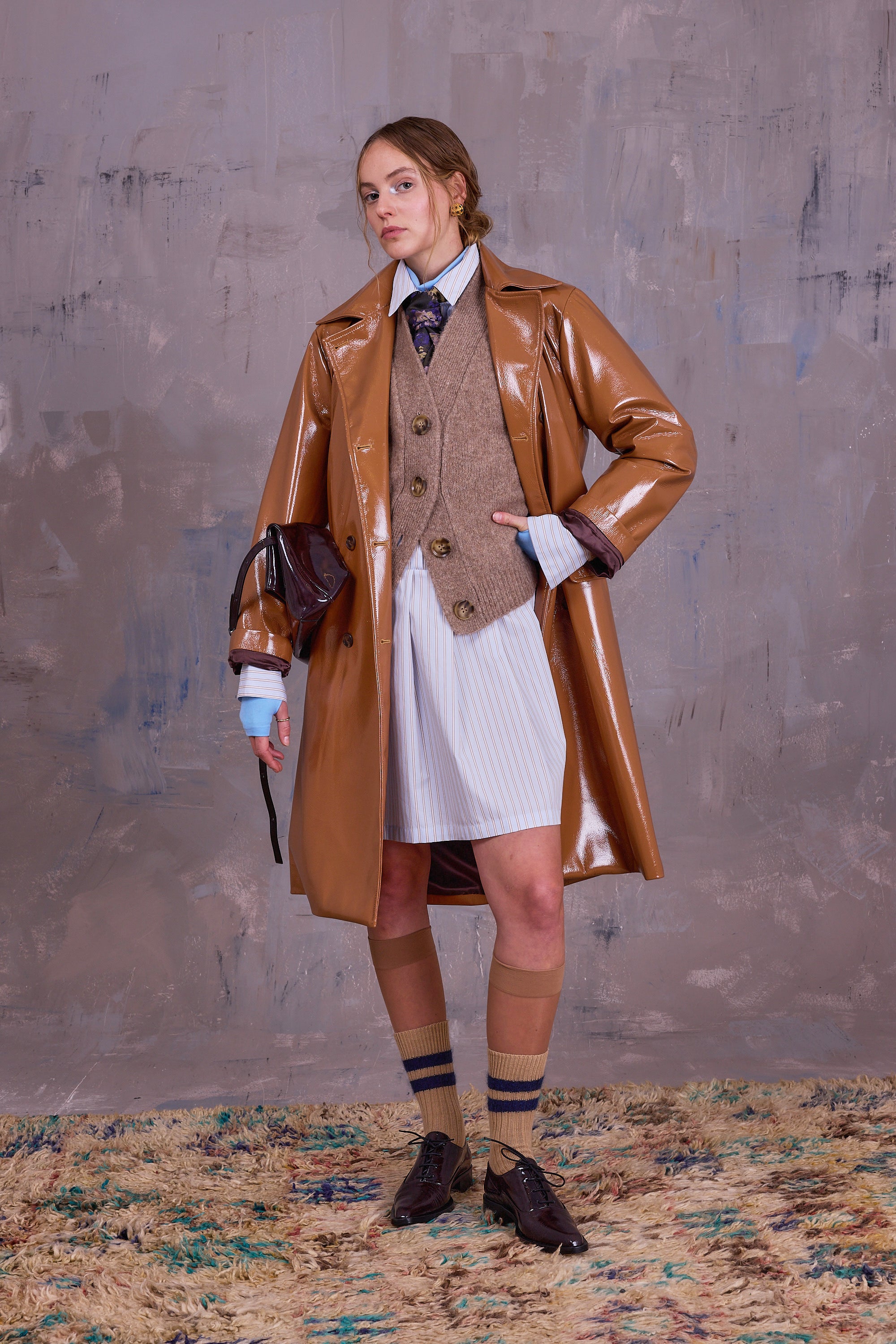 Gabe jurk in blue brown vintage cotton stripes
