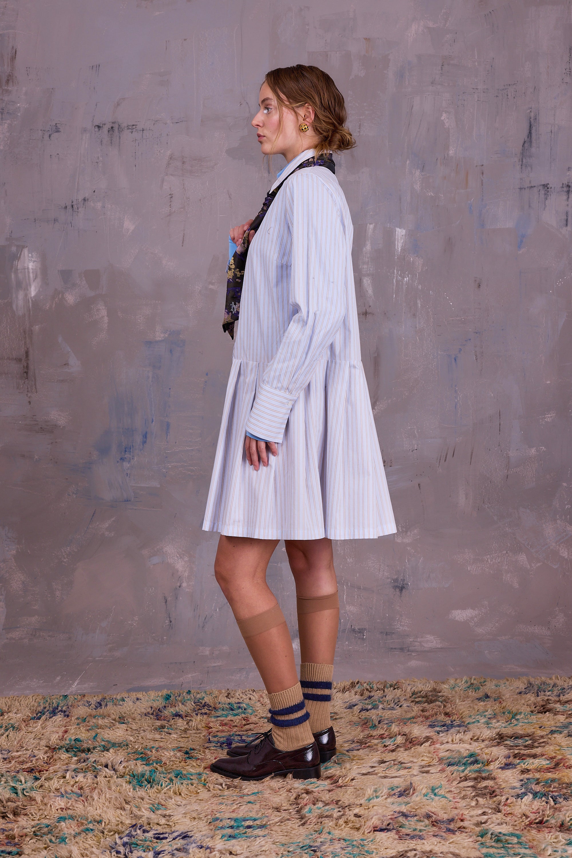Gabe jurk in blue brown vintage cotton stripes