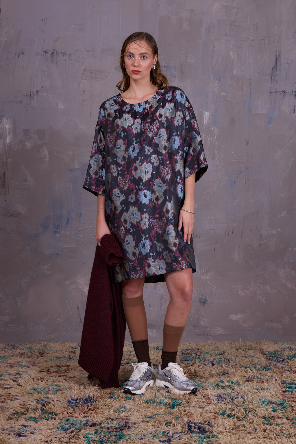 Eliana dress in pink and blue jacquard