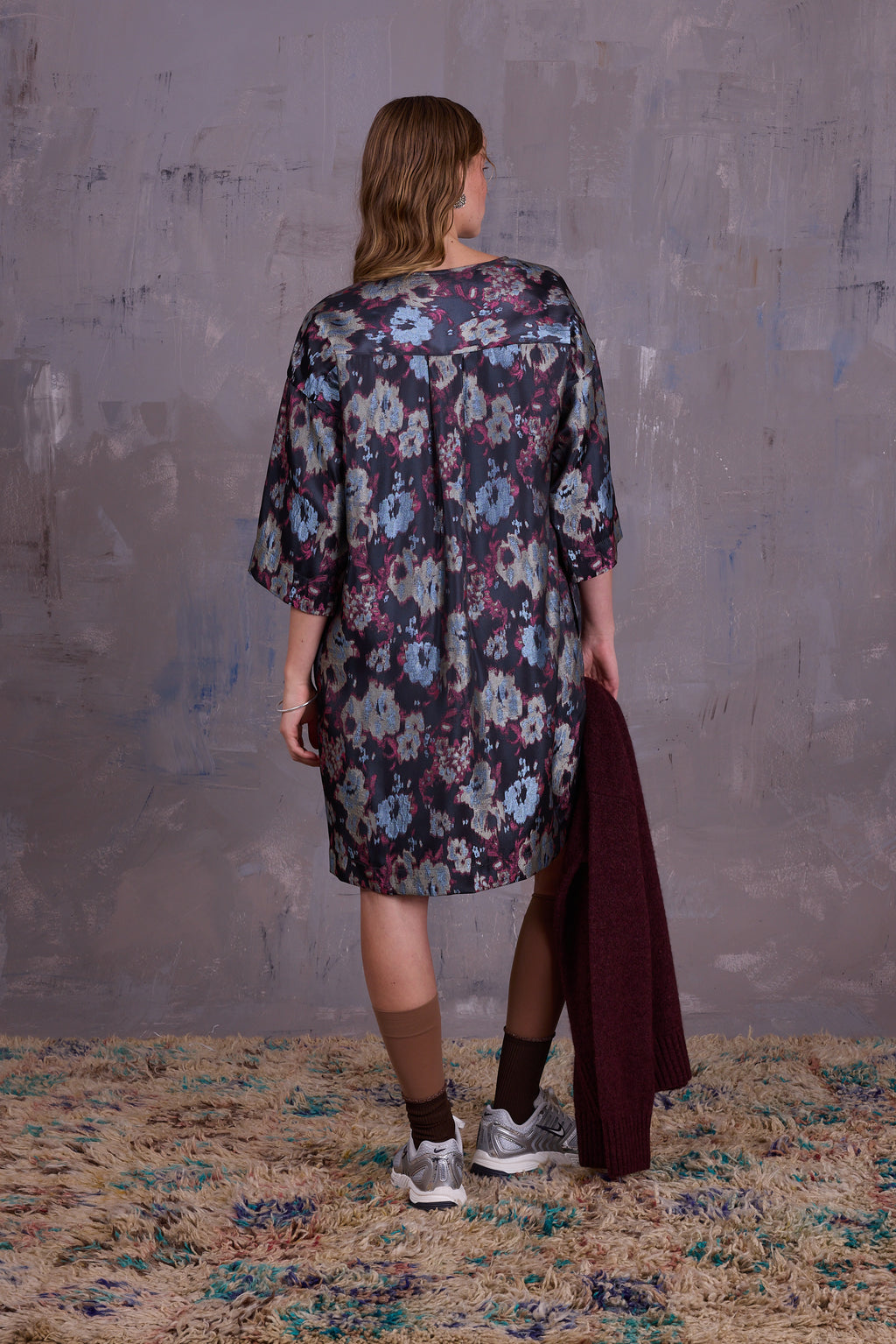 Eliana dress in pink and blue jacquard