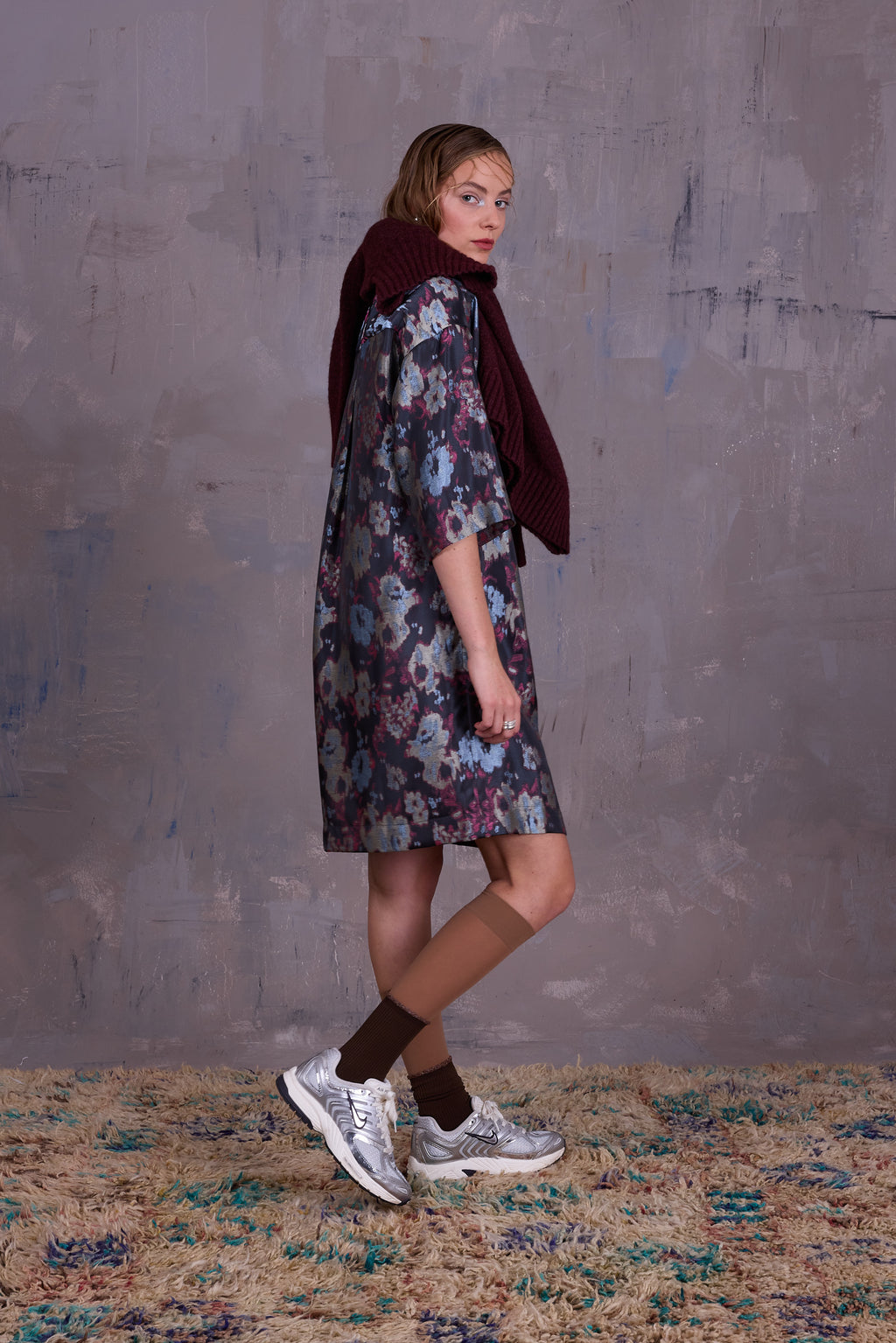 Eliana dress in pink and blue jacquard
