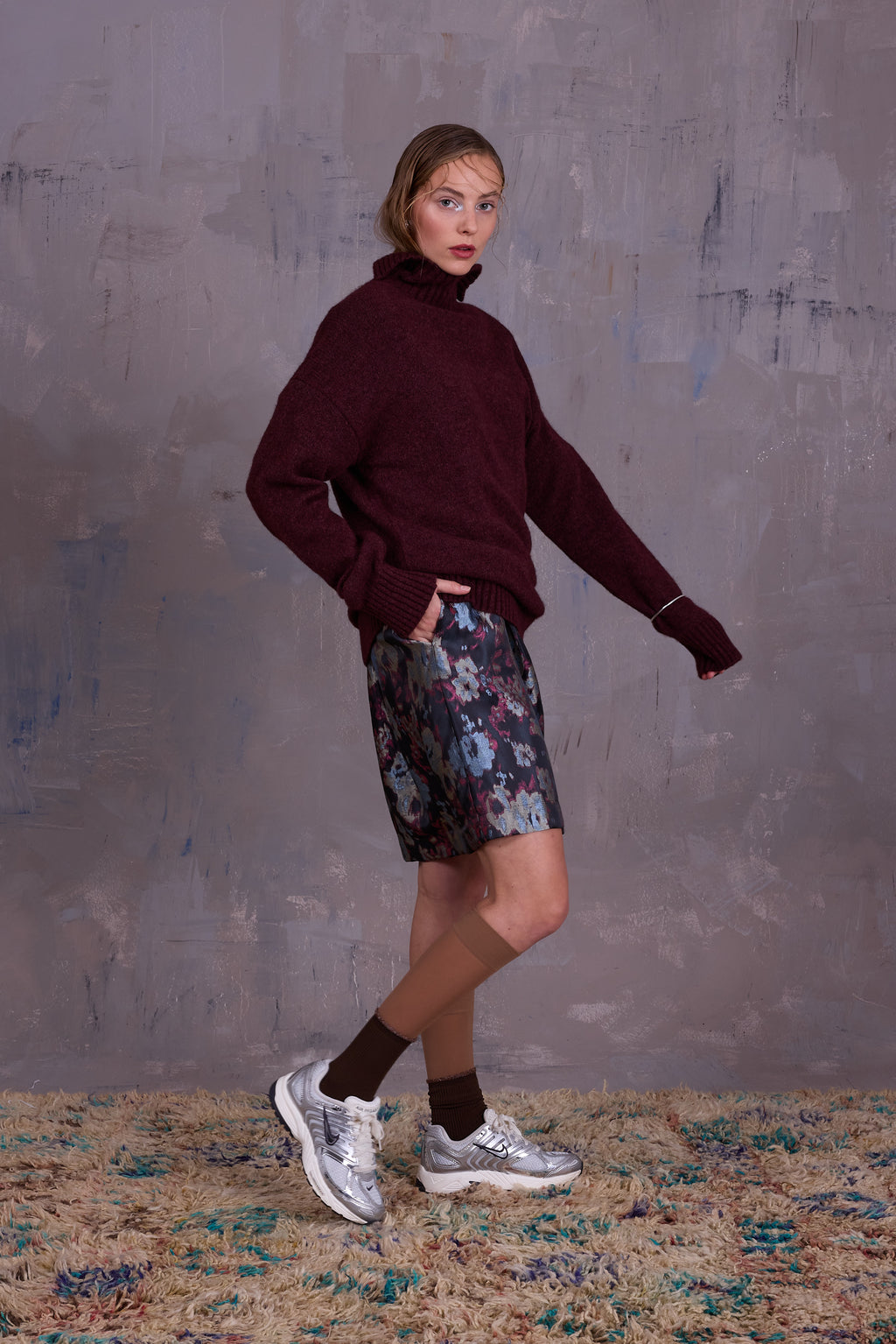 Eliana dress in pink and blue jacquard