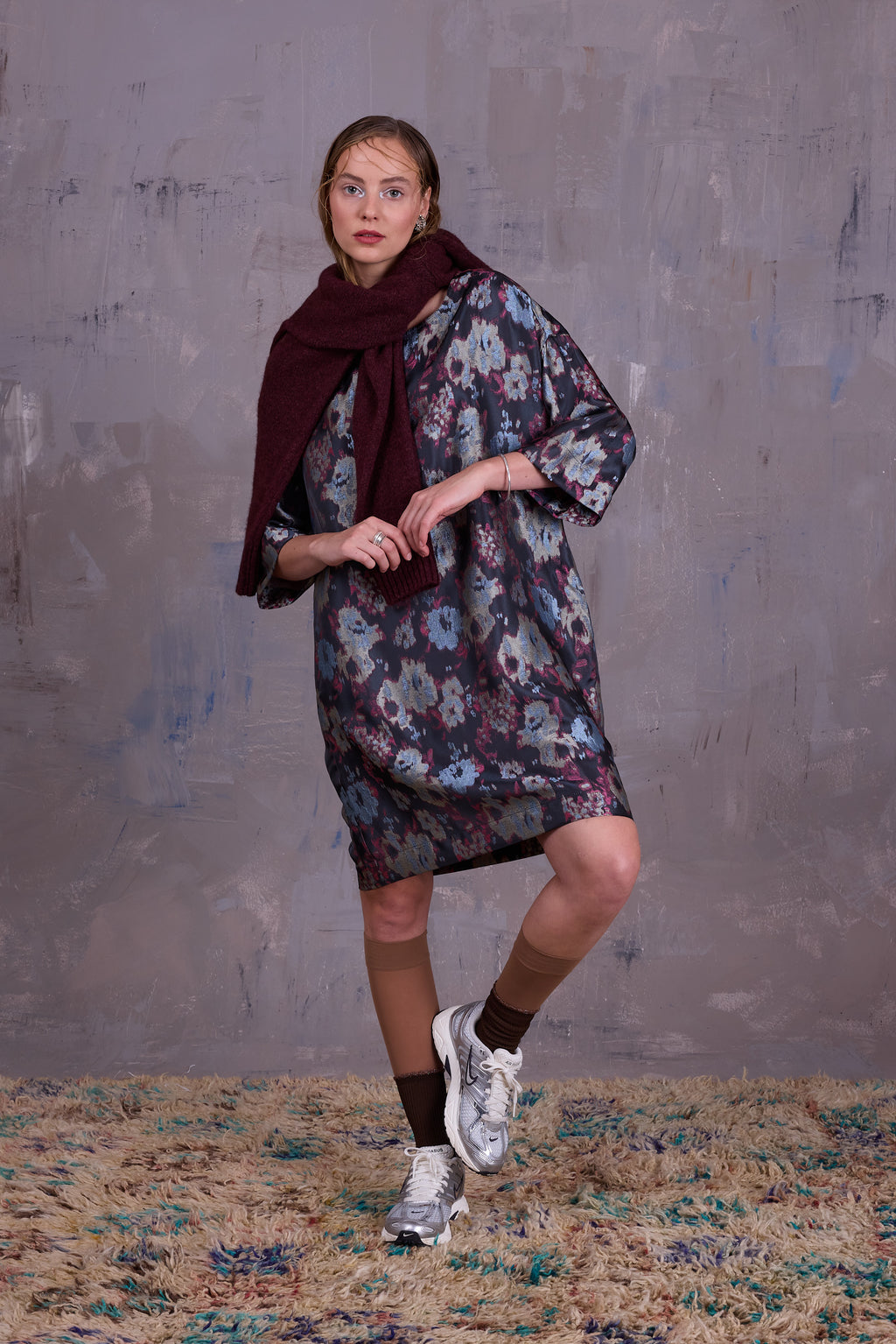 Eliana dress in pink and blue jacquard