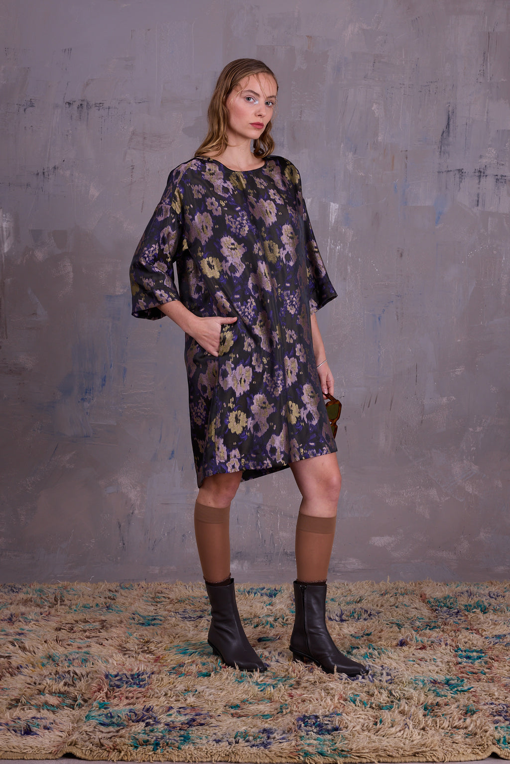 Eliana dress in violet and blossom jacquard