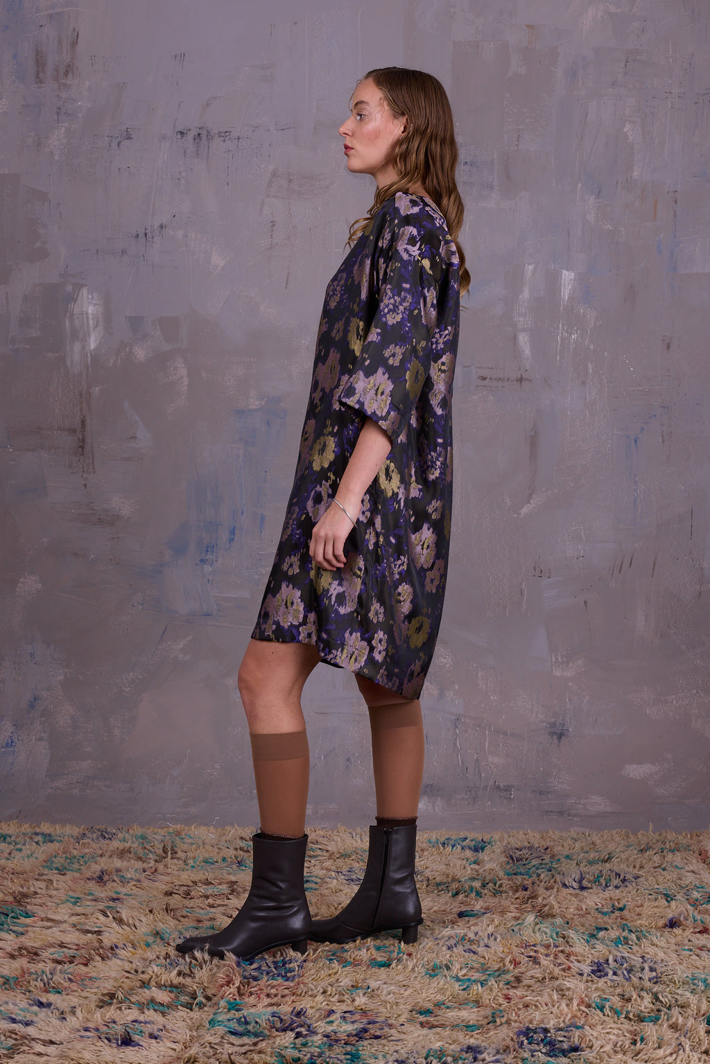 Eliana dress in violet and blossom jacquard