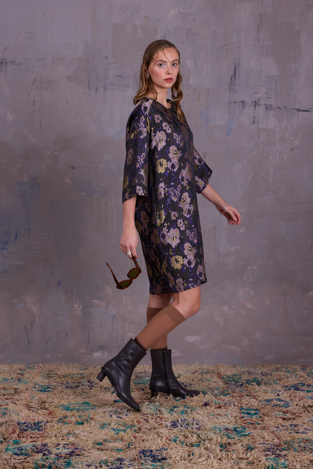 Eliana dress in violet and blossom jacquard