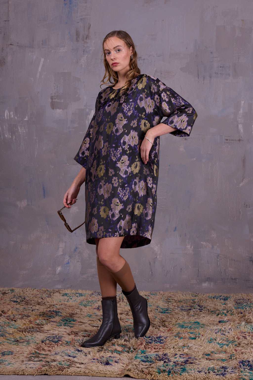Eliana dress in violet and blossom jacquard