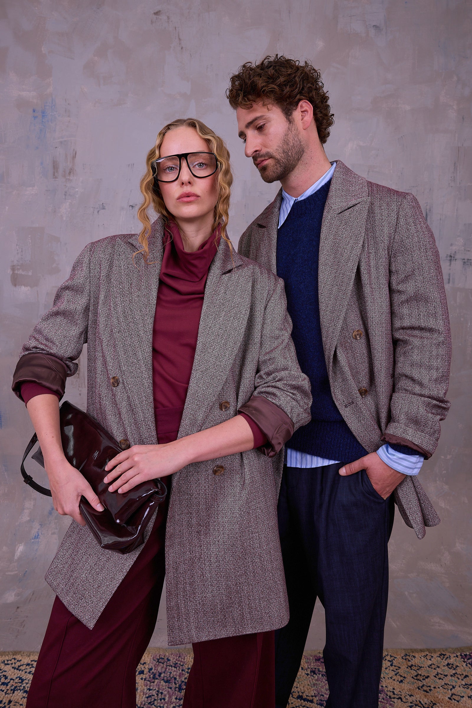 Gaspar formal coat in merlot herringbone