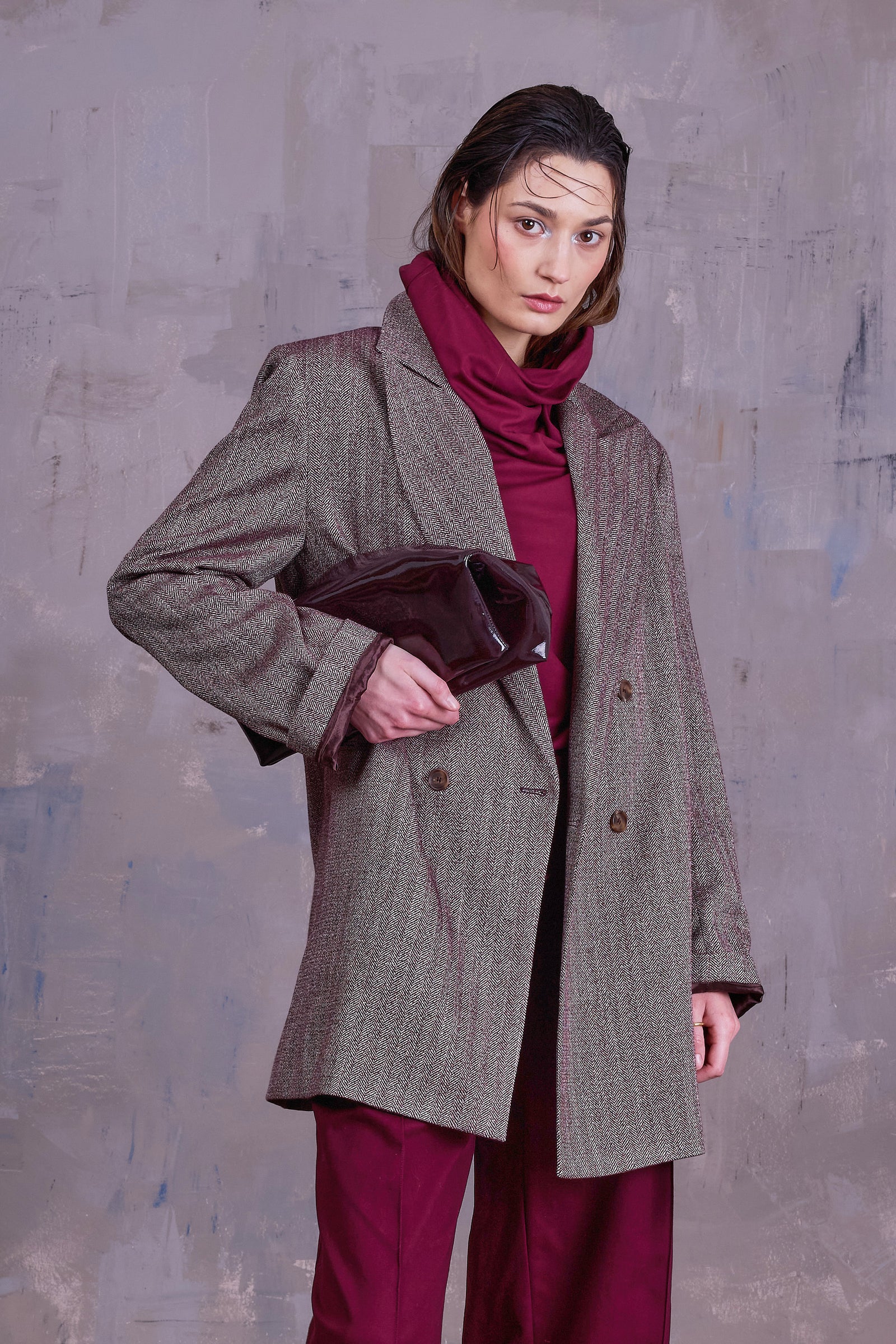 Gaspar formal coat in merlot herringbone