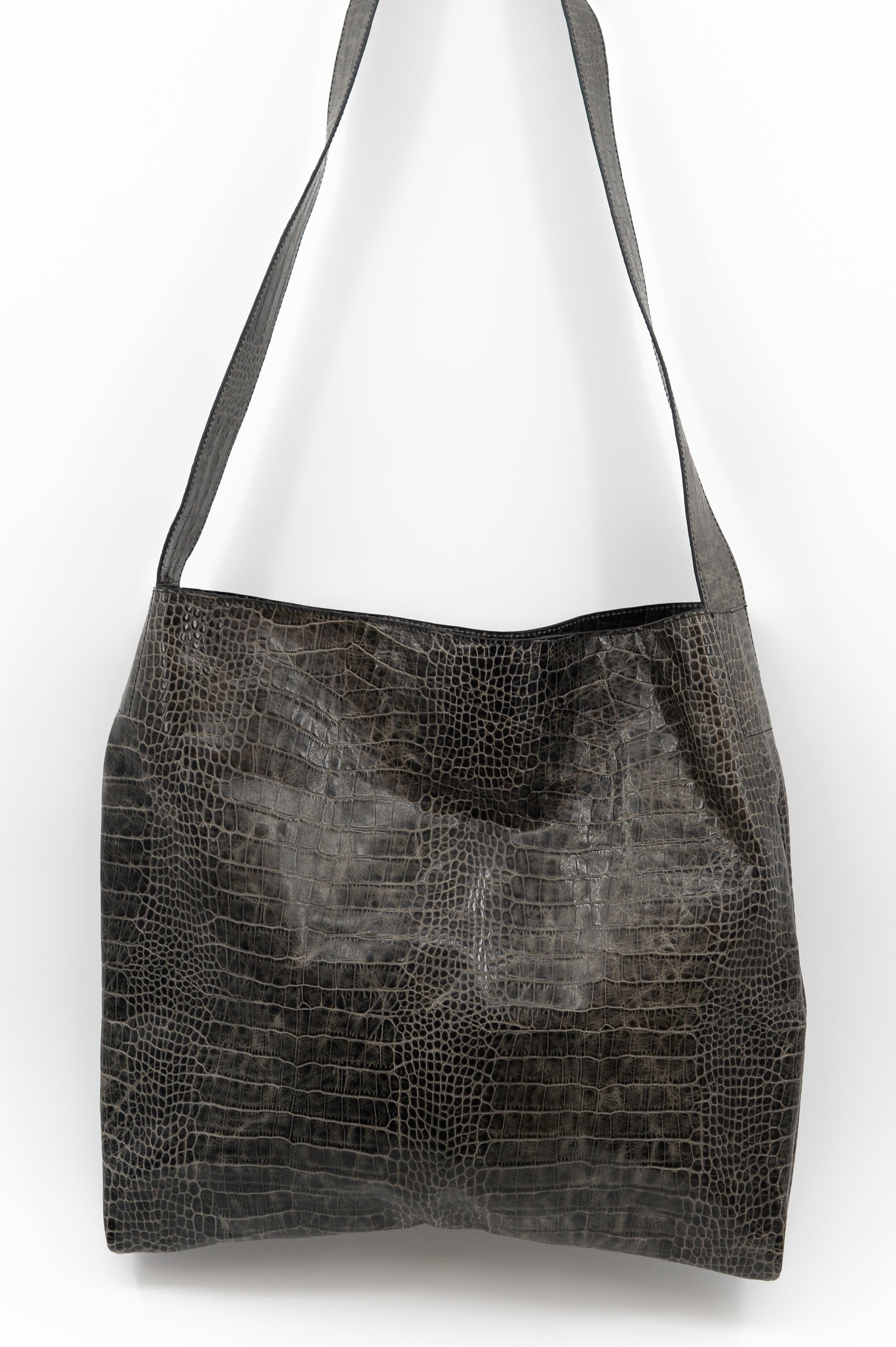 Große Crossbody-Handtasche in Kroko-Schwarz-Oliv